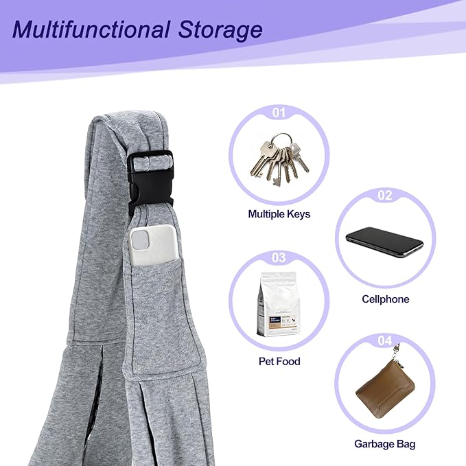 PETAXCELL Dog and Cat Sling Carrier Up to 16.5 Lbs, Hand-Free Reversible Pet Sling Carrier with Adjustable Strap and Pocket, (Grey, 1 Pcs) Intended for Hiking/Camping/Traveling