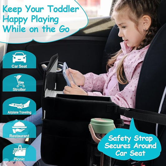 Julaiwy Kids Travel Tray for Car Seat, Carseat Table Tray for Kids Road Trip Activities, Car Trays for Kid Roadtrip Essentials, Toddler Lap Desk Organizer for Airplane - Black