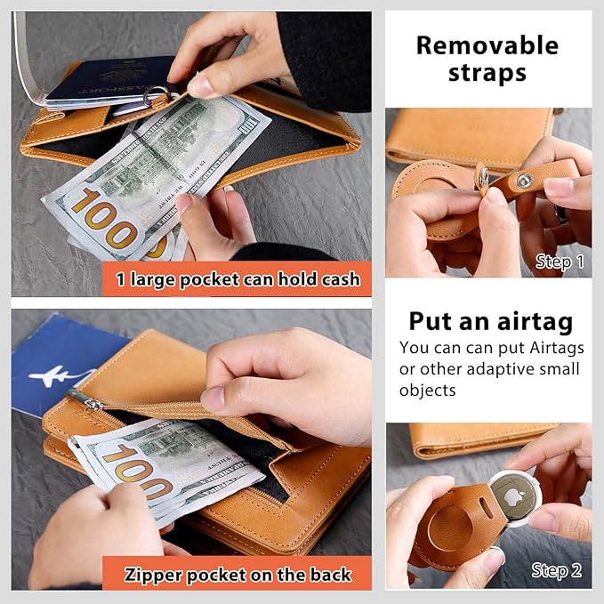 Deziliao Passport wallets, Mulit-purpose RFID Blocking Passport Holder AirTag Wallet, Travel Wallet Cover Case（Brown）