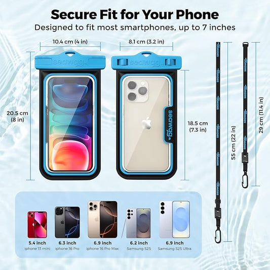 SEAWAG Next Waterproof Phone Case with Lanyard, Floating IPX8 Pouch for iPhone 17 16 Pro Max 15 14 13 12 11 and Samsung Galaxy S25 S24, Beach Cruise Travel Essentials, 2 Pack Blue and Pink