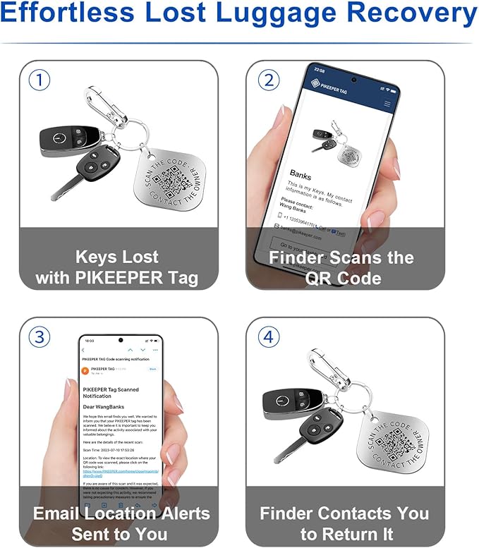 QR Code ID Tags - 4-Pack Smart Locator for Keys, Pets, Luggage – Location Notification on Scan | Ideal for Travel, Collars & Keychains