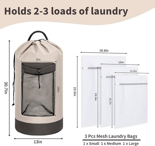 Laundry Bag Backpack with 3 Sizes Mesh Wash Bags and Shoulder Straps Foldable Clothes Hamper Bag with Drawstring Closure for College, Apartment, Laundromat (Grey)