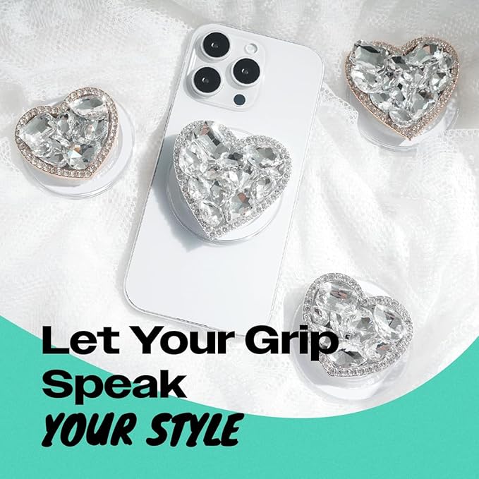 OnTheGrip Compatible with Magsafe Cute Cubic Diamond Heart Shape Design Collapsible Mobile Phone Grip Stand Holder for Smartphone Tablet Cell Phone Accessory (Gold Small)