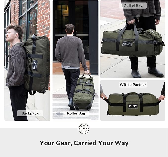STOVER 80L Rolling Duffel Bag with Wheels, Large Durable Travel Duffle + Toiletry Bag, Heavy Duty, Packable, Foldable with Shoulder Straps- Use as Luggage or Backpack, Men/Women (Green)