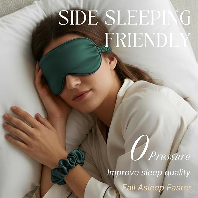 Silk Satin Sleeping Eye Mask, Green Sleep Eye Night Blindfold for Women and Men, Soft Breathable Blackout Eyeshade Eye Cover for Travel, Wedding Bridesmaid Gift