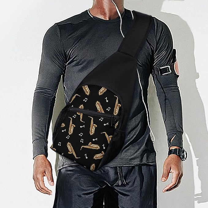 SWEET TANG Anti Theft Sling Chest Bag Shoulder Backpack Saxophone And Music Black Crossbody Bags Gym Sack, Polyester Daypack Lightweight for Men Women Travel Gym Sport Hiking