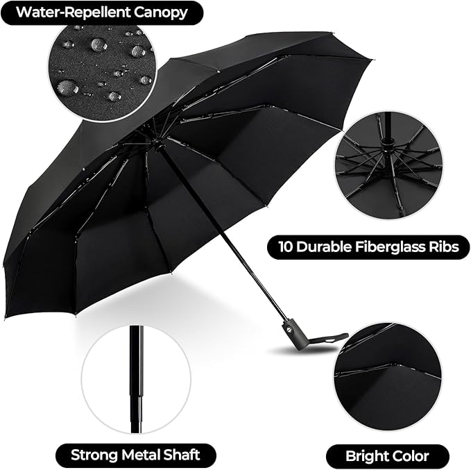 LLanxiry Compact Travel Umbrella, Automatic Open/Close Windproof Umbrella, 10 Fiberglass Ribs, 210T Pongee, UPF 50+ Sun/Rain, Lightweight Portable Umbrellas Travel Size with Carry Sleeve