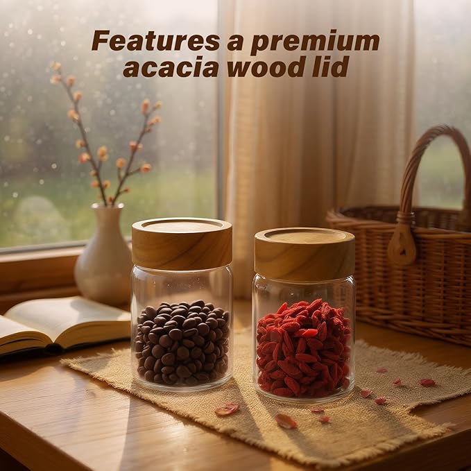 Zoaiirte 2pc Glass Mason Jars with Acacia Wood Airtight Lids - Overnight Oats & Food Storage Container Set, Clear Stackable Leakproof Kitchen Canisters for Meal Prep/Snack Organization/Spice Storage