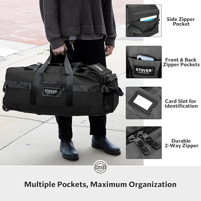STOVER 80L Rolling Duffel Bag with Wheels, Large Durable Travel Duffle + Toiletry Bag, Heavy Duty, Packable, Foldable with Shoulder Straps- Use as Luggage or Backpack, Men/Women (Black)