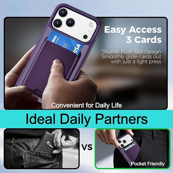 Ntwinro Magnetic for iPhone 17 Pro Case (Compatible with MagSafe) with Detachable Wallet & Card Holder for 3 Cards [RFID Blocking] Military Grade Protective Slim Phone Cover, Purple