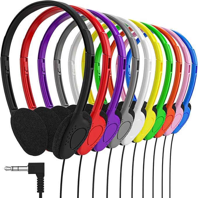 Maeline Bulk Classroom Student Headphones On Ear Stereo Headphones Flexible Adjustable Band for Kids Online Learning, Library, School, Airplane, Travel - 3.5mm Plug - 50 Pack - Multi