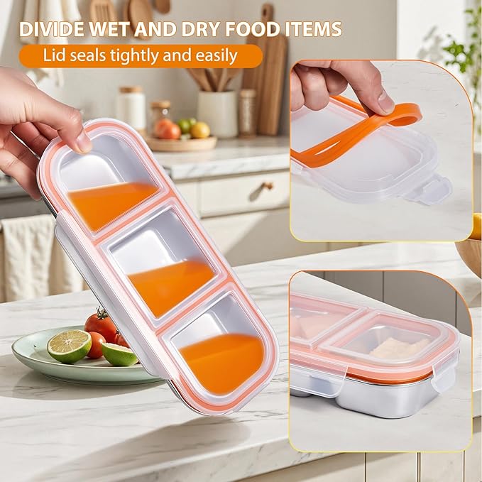 Etvski Stainless Steel Snack Box Container - 2 Pack Bento Box for Kids & Adults, 3 Compartment Leak-Proof Snack Containers with Lids（3Org+3Org）