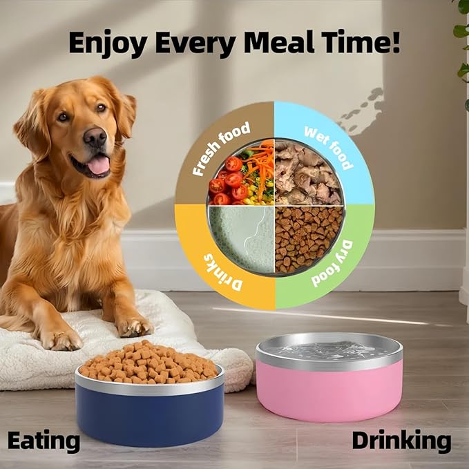 Dog Bowls Small Sized Dogs-Medium Sized 1.2l/42oz Double Layer Stainless Steel Outdoor Dog Water Bowl,Puppy Insulated Food Bowl,with Non-Slip Bottom and 1pc 8oz Food Scoop (Pink, 42 oz)