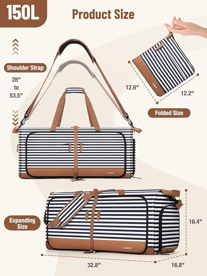 Lekesky Foldable Travel Duffle Bag for Women, Large Duffel Bag with Separate Shoes Compartments & Straps, Carry On Weekend Bag for Women, Hospital, Overnight (Blue Stripe, 150L)