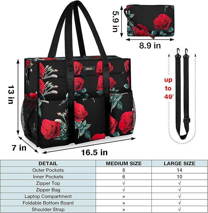 IBFUN Utility Tote Bag with 14/24 Pockets Zip Top Teacher Tote Bag for Teacher/Work Women