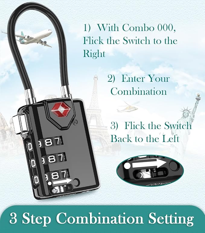 Search Alert TSA Approved Travel Combination Luggage Cable Locks for Suitcase, Gym Locker,Toolbox,Backpack 1,2,4,6 &10 pk (Black 3 Pack)