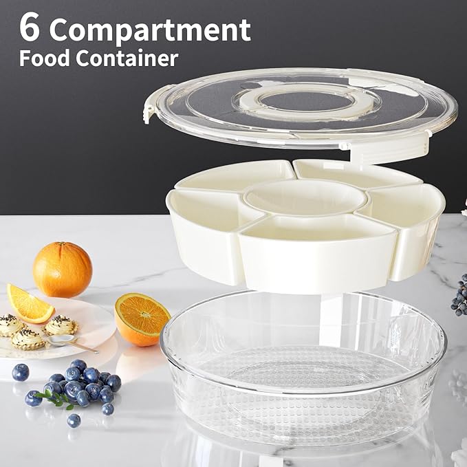 Divided Serving Tray with Lid and Handle, Portable Snackle Box, 6 Compartment Food Container, Travel Snack Box Container for Veggie, Fruit, Candy and Charcuterie