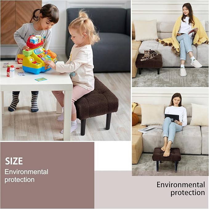 HOUCHICS Fur Padded Foot Stool, Small Ottoman Foot Rest with Wooden Legs,Modern Rectangle Chair Foot Rest Foot Step Stool for Living Room, Couch, Desk(Brown)