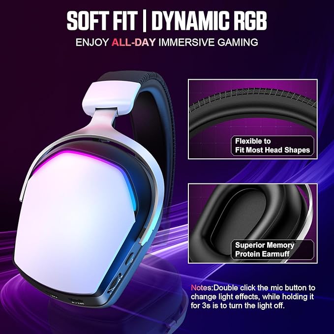 Wireless Gaming Headset for PS5 PS4 PC Mac Switch, RGB Headphones with 7.1 Surround Sound, Bluetooth 5.4, 60H Battery, Noise Canceling Mic & 50mm Drivers
