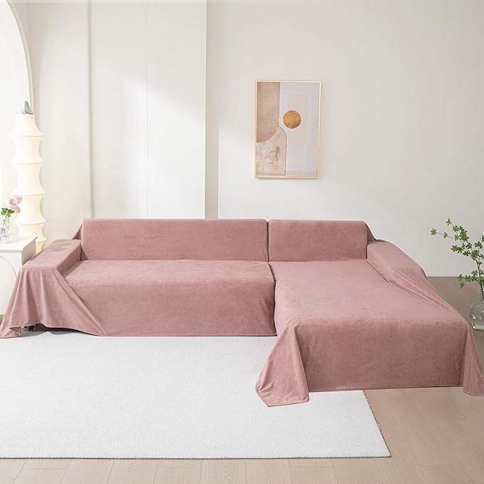 MEETSKY Couch Covers for 3 Cushion Couch Sofa Washable Cat Scratch Proof Sectional Couch Covers L Shape Sofa Cover Slipcovers Couch Furniture Protector for Pets Dogs Kids, 91" x 118", Pink