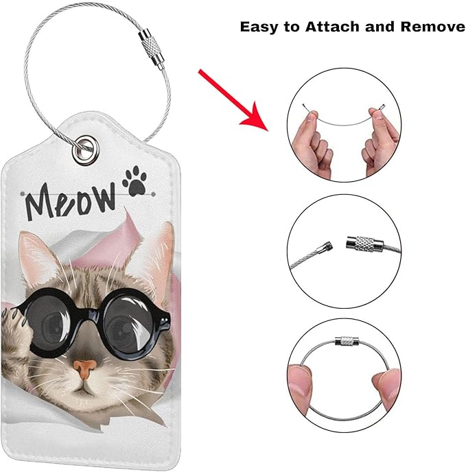 2 Pack Cute Cat Luggage Tags for Kids Girls Women Travel Funny Animal with Sunglasses Print on PU Leather Bag Tags Accessories Privacy Cover ID Label with Stainless Steel Loop for Backpack Suitcase
