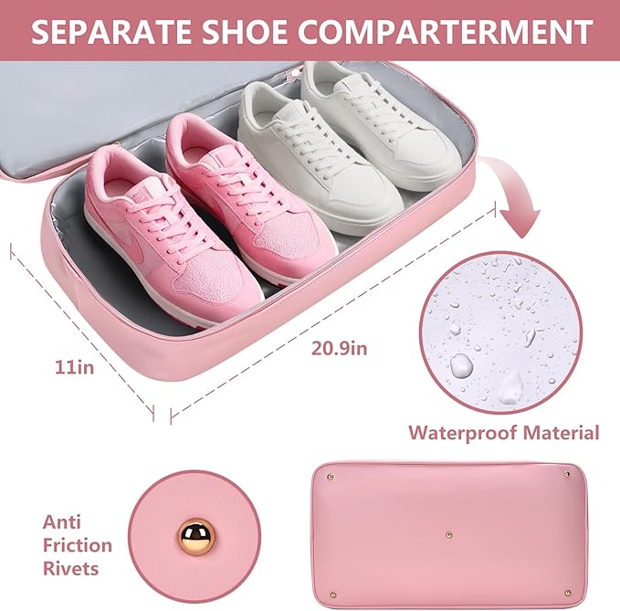 4PCS Leather Duffle Bags, Weekender Bag for Women Men, Large Travel Duffel-Overnight Bag with Toiletry, Makeup, Shoulder Bag, Faux Leather Carry On with Shoe Compartment (Pink)