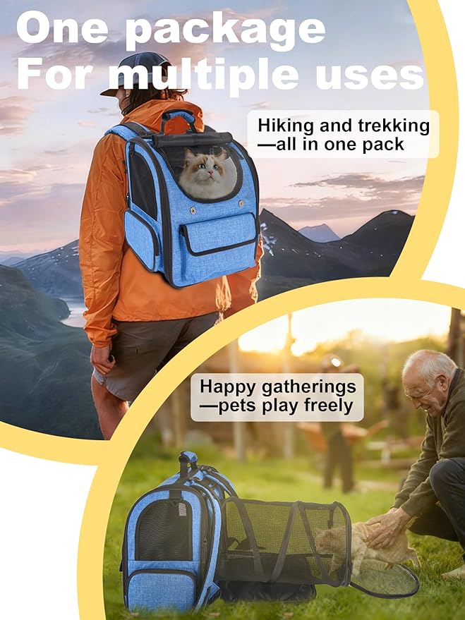 Large Cat Carrier with Tunnel Extension, Portable Small Dog Backpack with Ventilated Mesh Windows, Anti-Scratch Fabric, Luggage Strap and Chest Buckle for Travel, Hiking, Camping,Gray Blue