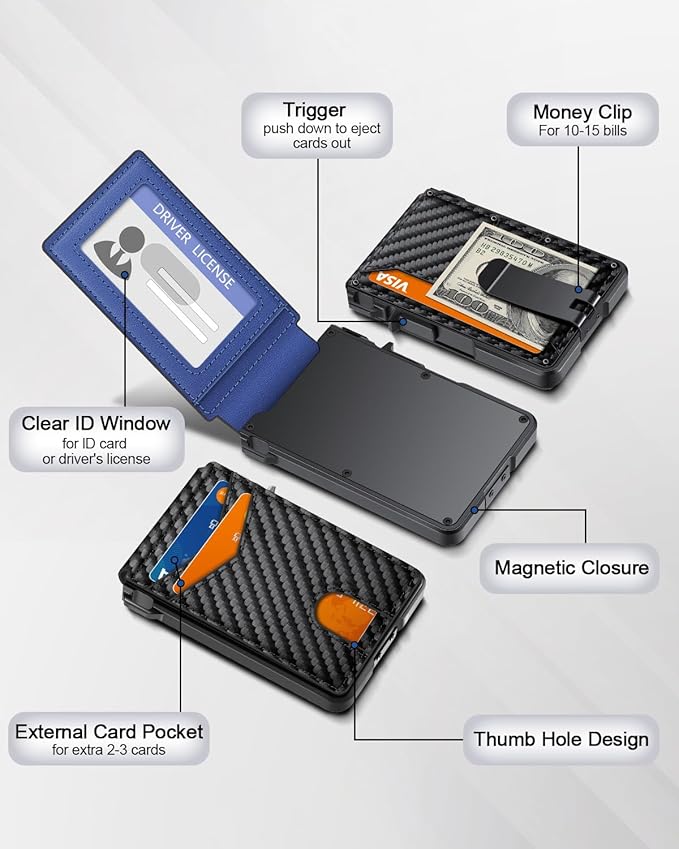 Wallet for Men, Mens Minimalist Wallet 9-13 Cards, Slim Compact Wallet with Money Clip & ID Window, RFID Blocking Smart Pop Up Card Wallet, Metal Aluminum Credit Card Holder Bifold Wallet