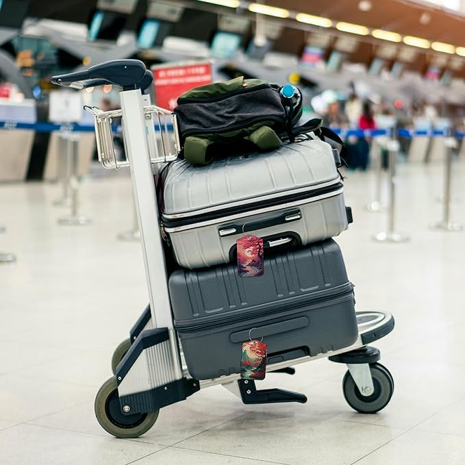 2 Pack Luggage Tag for Suitcase Japanese Sakura Tree Mountains Sunset Leather Suitcase Tags with Privacy Name ID Label and Stainless Steel Loop for Travel Bag