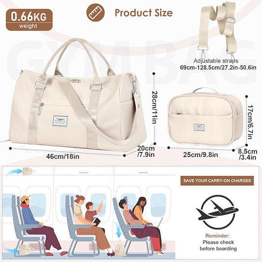 FIORETTO Womens Gym Tote Duffle Bag with Toiletry Bag, Sports Duffel Overnight Hospital Workout Carry on Bag for Girls with Wet Pocket & Shoe Compartment, Ideal for Travel, Swimming, Dance Beige