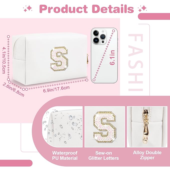 Small Initial Patch Makeup Bag Personalized Gifts Make Up Bag,White Cute PU Leather Glitter Letter Cosmetic Bag with Zipper,Trendy Portable Travel Toiletry Pouch,Preppy Stuff for Teen Girls Women S