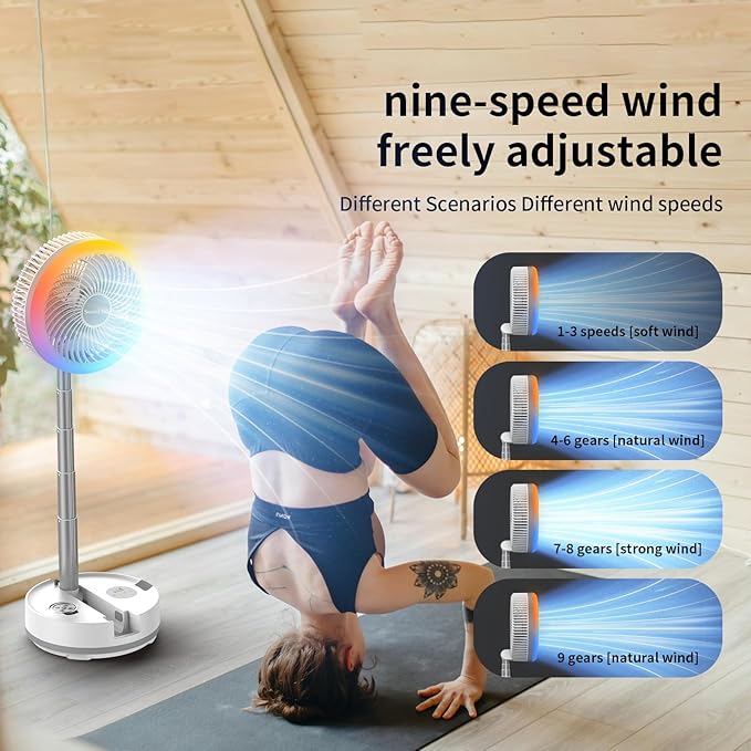 Socool 40000mAh Battery Operated Foldable Fan,Rechargeable Standing Fan, Remote Control & Colorful Light, Oscillating Telescopic, Timer & Digital Display, Foldaway Fans for Camping Travel Outdoor