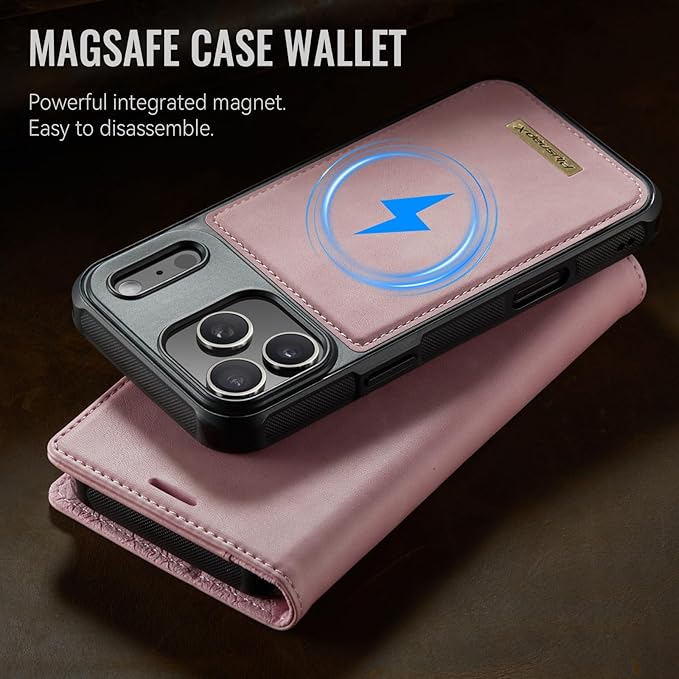 PlusnapX Wallet Case for iPhone 17 Pro Max Compatible with Magsafe, 2-in-1 PU Leather Flip RFID Blocking Card Holder Stand Shockproof Magnetic Detachable Cover for iPhone 17 Pro Max Case 6.9", Pink