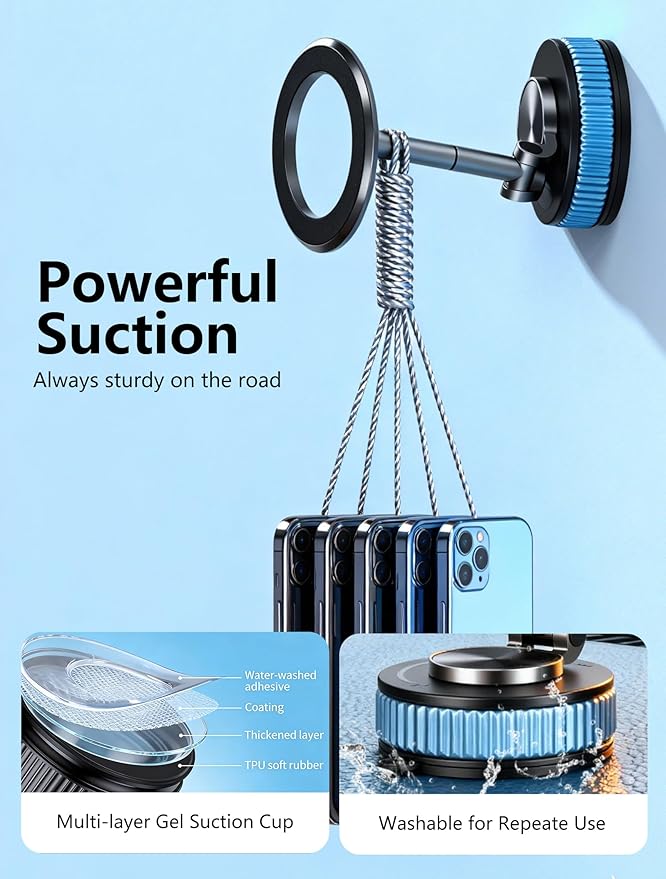 Magnetic Phone Holder car，Metal Body Durable and Solid,Vacuum Suction Cup Phone Holder, Magsafe Car Mount for iPhone, Folding Holder for iPhone and Android
