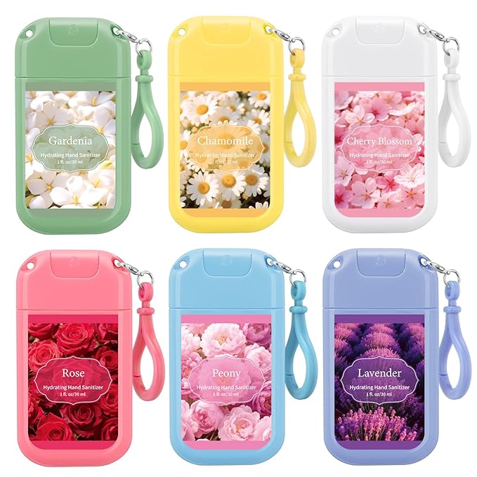 6 Pack Mini Hand Sanitizer Spray with Keychain Travel Size Scented Hydrating Hand Sanitizer Mist Portable Pocket Spray Bottle for Women Spring Gift