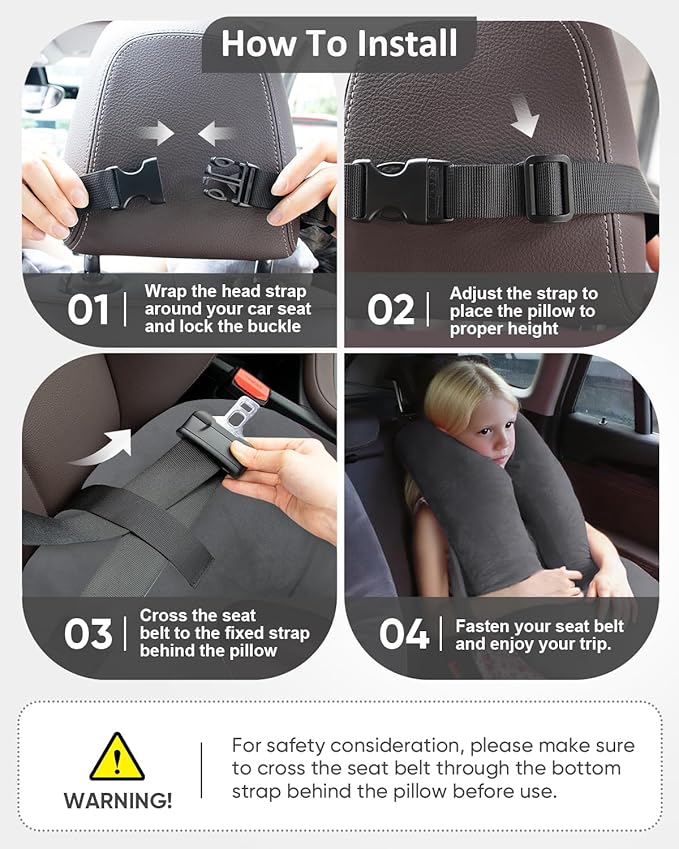 Car Travel Pillow for Kids Adults, Raised Padding Head and Neck Support Car Seat Sleeping Pillow for Toddlers, Portable U Shaped Body Pillow for Car Seat On Road Trip (Dark Gray)