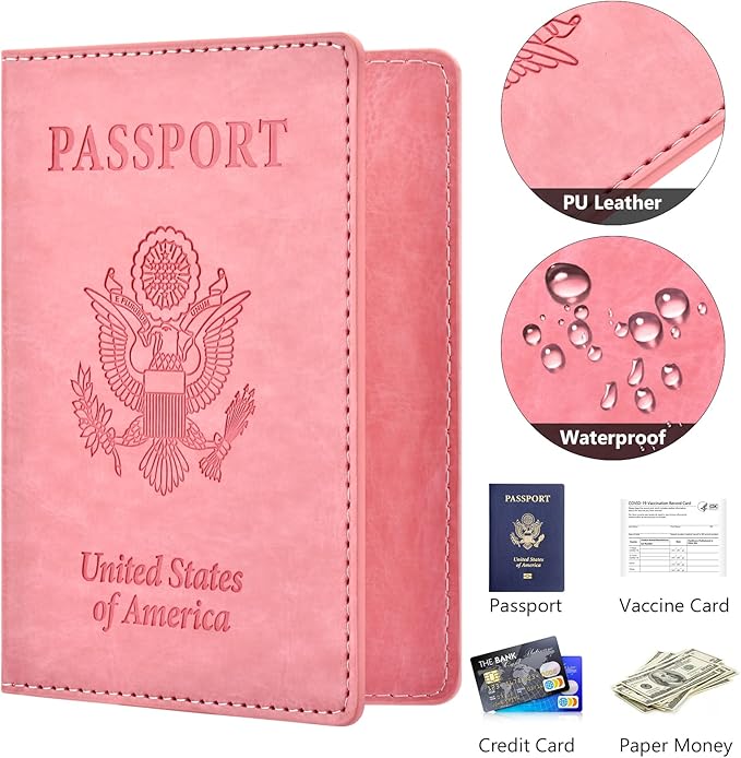 Eoehro Passport and Vaccine Card Holder, Faux Leather, AI-pink, Compact, Lightweight, Waterproof