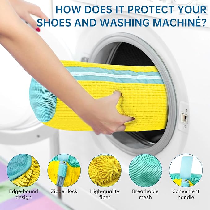 2 Pack Shoe Washing Machine Bag, Reusable Laundry Shoe Bag for Washer and Dryer, Sneaker Washing Machine Bags with Edge Protection, Shoes Washing Bag for Most Shoe Types (Yellow)