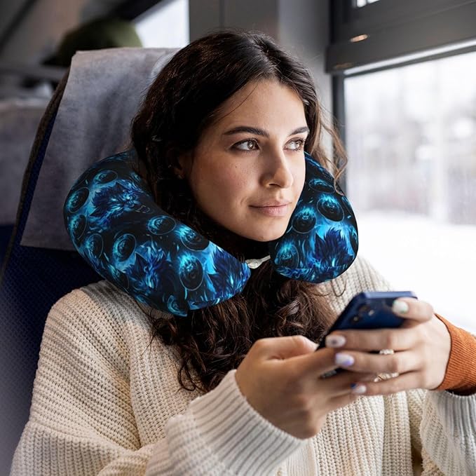 Breathable Neck Pillow for Sleeping Rest Nap Angry Wolf Blue, Airplanes/Car/Home Memory Foam Travel Cushion with Polyester Cover Washable for Women Men