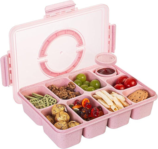 Wheat Straw Snackle Box Container,Dishwasher Safe-9 Compartment Divided Serving Tray with Lid and Handle, Built-in Dip Containers,BPA-Free,Pink