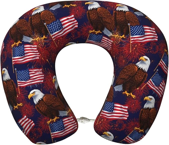 Neck Support Pillow, Comfortable Memory Foam Car/Flight/Airplane Chin Pillows U Shaped Cushion for Office Travel Sleeping Bald Eagle American Flag Fireworks Pattern