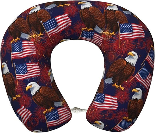 Neck Support Pillow, Comfortable Memory Foam Car/Flight/Airplane Chin Pillows U Shaped Cushion for Office Travel Sleeping Bald Eagle American Flag Fireworks Pattern