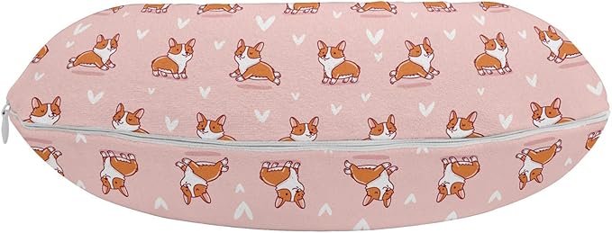 Ambesonne Dog Lover Travel Pillow Neck Rest, Little Corgi Jumping Running and Standing Cartoon Hearts Background, Memory Foam Traveling Accessory for Airplane and Car, 12", Coral Orange White