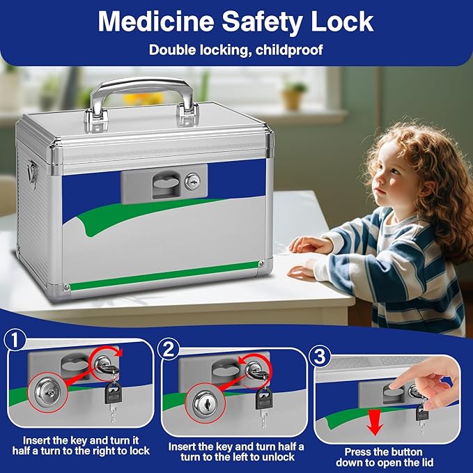 Medicine Lock Box for Safe Medication - 15 x 8.7 x 9.4 Inches - Lockable Storage Box for Drugs, First Aid Kit Empty, Lock Boxes with Key for Home/Outdoor (Blue/X-Large)