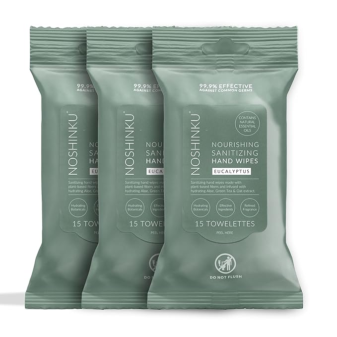 Noshinku Eucalyptus Hand Sanitizer Wipes, 3-Pack (45 Towelettes) – Resealable Travel Wipes with Ethyl Alcohol, Aloe & Green Tea, Plant-Based Fiber, Essential Oil Scents, Cruelty-Free & No Dyes