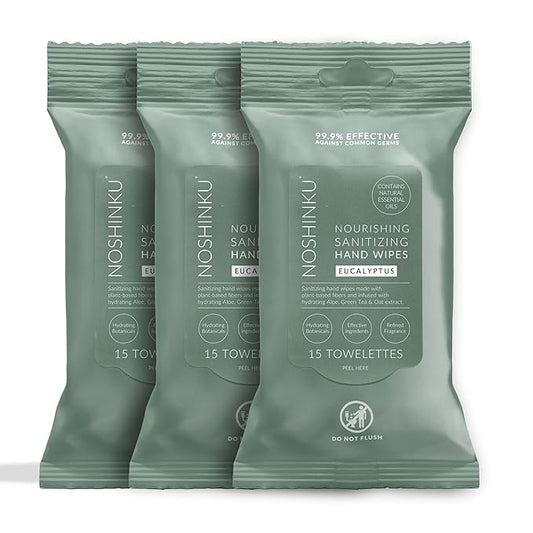 Noshinku Eucalyptus Hand Sanitizer Wipes, 3-Pack (45 Towelettes) – Resealable Travel Wipes with Ethyl Alcohol, Aloe & Green Tea, Plant-Based Fiber, Essential Oil Scents, Cruelty-Free & No Dyes