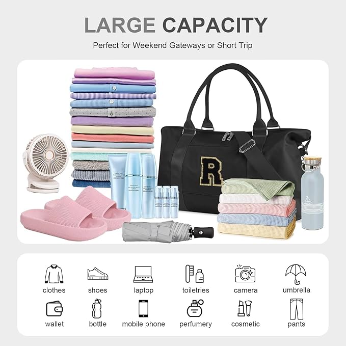 Dance Gym Duffel Bag for Teen Girls, Personalized Initial Travel Weekender Bag,Cute Overnight Carry On Duffle for Women,Sports Travel Cheer Bag,Monogram Christmas Gifts for Tween Preppy(black-R)