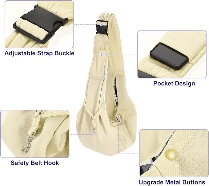 PETAXCELL Dog and Cat Sling Carrier Up to 16.5 Lbs, Hand-Free Reversible Pet Sling Carrier with Adjustable Strap and Pocket, (White, 1 Pcs) Intended for Hiking/Camping/Traveling