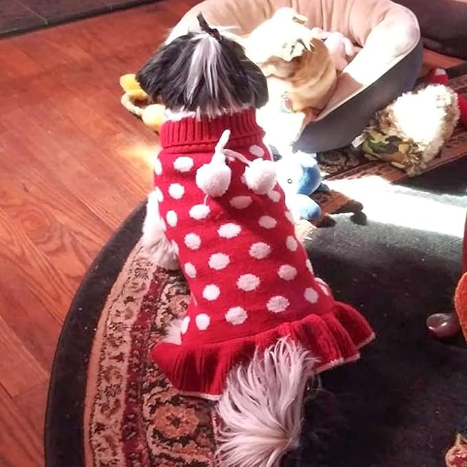 KYEESE Dog Sweater Dress with Leash Hole Polka Dot Turtleneck for Girl Dogs Sweaters Red Knit Pullover with Pom Pom Ball