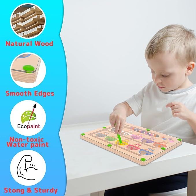 Magnetic Color & Number Maze - Montessori Wooden Color Matching Learning Counting Puzzle Board - Toddler Fine Motor Skills Toys for Boys Girls 2 3 4 Years Old